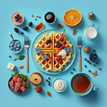 Colorful breakfast with fruits, waffles, eggs, for sunday brunch created with Generative AI technology 