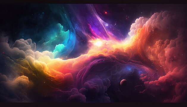 Ilustración de un fondo de nebulosas de colores RGB en el espacio profundo. Generative Ai 