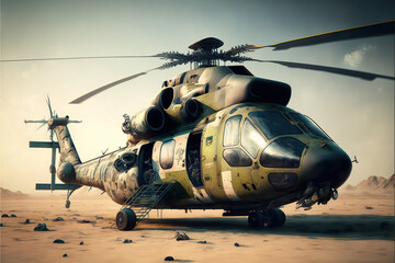 Ilustración de un helicóptero militar a punto de despegar. Generative AI - obrazy, fototapety, plakaty