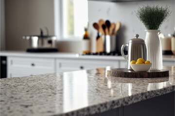 Ilustración de una encimera de cocina con el fondo desenfocado. Generative AI