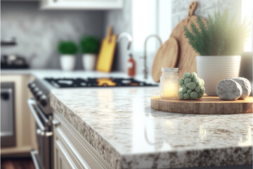 Ilustración de la encimera de una cocina iluminada con la luz de la ventana. Generative Ai 