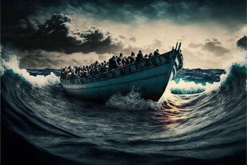 ilustración de una pequeña embarcación atravesando el oleaje repleta de personas. Concepto inmigración. Generative AI - obrazy, fototapety, plakaty