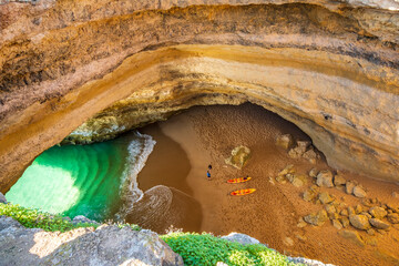 Beautiful and famous Benagil Cave seen from the top, Algarve, Portugal