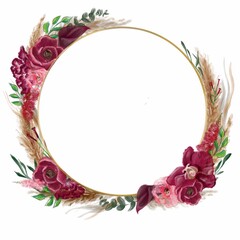 red and dried Flower Wreath on white background. watercolour round frame for Wedding invitation. space for text