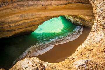Beautiful and famous Benagil Cave seen from the top, Algarve, Portugal