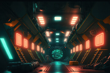 Ilustración de un pasillo futurista de una nave o estación espacial con luces de colores. Generative AI - obrazy, fototapety, plakaty