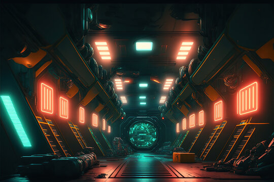Ilustraci&oacute;n de un pasillo futurista de una nave o estaci&oacute;n espacial con luces de colores. Generative AI