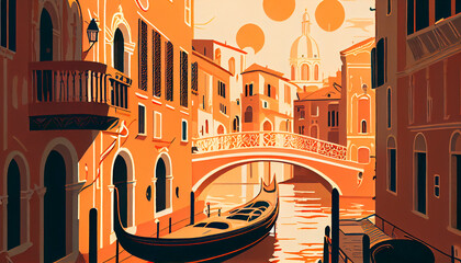 postcard, poster, venice background. illustration inspired by postcards and posters from the 70s, Italy. travel, vacantions. Creatred with AI © Enrique