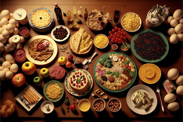 Ilustración de una mesa vista cenital llena de plastos y de alimentos. Concepto dieta, salud, alimentación. Generative AI