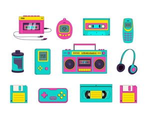 Set of 90s elements in modern style. Old-fashioned Audio player, cassette, floppy disk, boombox, push-button telephone, game console vector illustration. Nostalgia for 1990s.