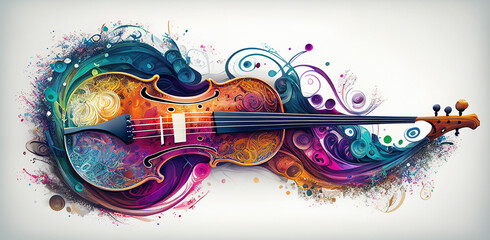 Music violin orchestra colorful ornament, horizontal white background classical music concert banner. Generative AI
