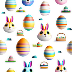 Wallpaper of cute rabbits and baskets easter eggs isolated on background for flips mirror. Rapport seamless of easter eggs and bunnies with relief in white background. Generative AI. Pattern mirrored
