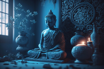 Meditation: Meditating Buddha statue in a calm blue atmosphere | Generative AI Production