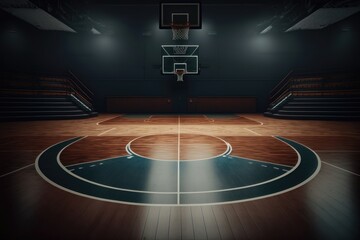 Basketball sport arena. Interior view to wooden floor of basketball court. AI Generation
