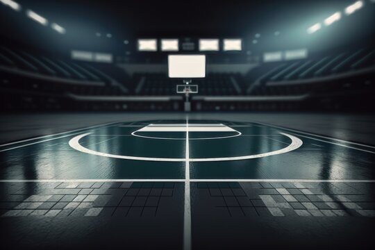 Basketball sport arena. Interior view to wooden floor of basketball court. AI Generation