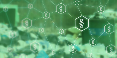 Grafik zum Umweltrecht mit Paragraphen für Gesetze, ein symbolisches Netzwerk und unscharfer Hintergrund. Als Header Bild oder Illustration geeignet.