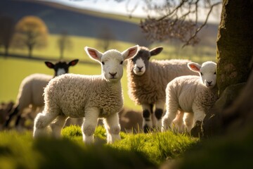Fototapeta premium Spring lambs in countryside in the sunshine. AI Generation