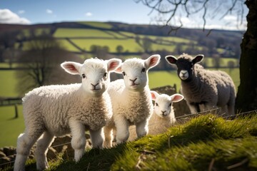 Fototapeta premium Spring lambs in countryside in the sunshine. AI Generation