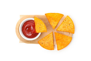 Concept of tasty snacks, corn chips, isolated on white background