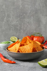 Concept of tasty snacks, corn chips, space for text