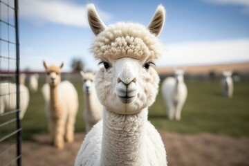 Obraz premium White alpaca smiling at the camera in an alpaca farm. AI Generation