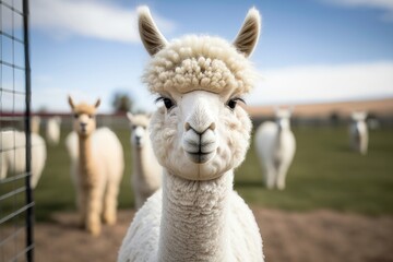 White alpaca smiling at the camera in an alpaca farm. AI Generation