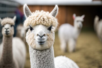 White alpaca smiling at the camera in an alpaca farm. AI Generation
