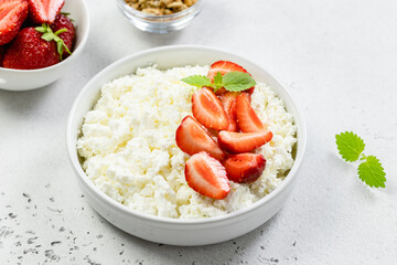 Coconut cream cottage cheese berry bowl. Top view, copy space, flat lay.