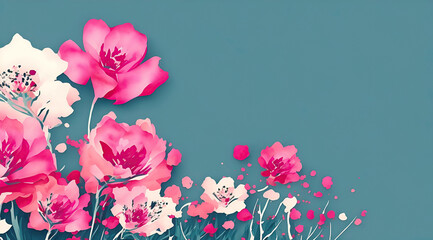Flat lay creative illustration concept of fresh field Spring flowers on pastel blue background. Beautiful pink bloomed flowers, copy space, generative ai