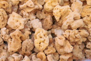 Un montón de esponjas naturales del Mediterráneo en Gallipoli, Italia. Esponjas naturales expuestas a la venta procedentes de la costa italiana.