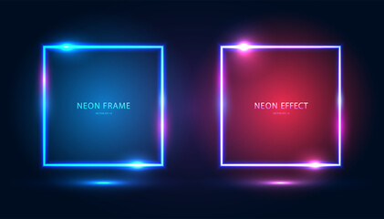 A set of square neon frames with shining effects, highlights and inscriptions on a dark background. Futuristic modern neon glowing banners. Vector EPS 10.