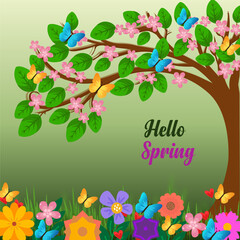 Spring flowers and environment background design with hello spring typography greeting text