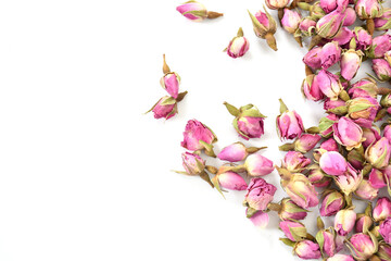 Organic Dried rose buds lifestyle images. Rose buds background photo top view with copy white space. 