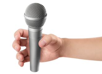 Hand holding a microphone cut out