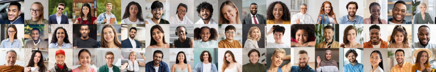 International group of people posing on various backgrounds, web-banner