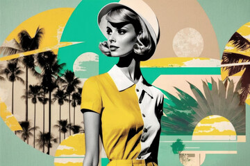 Young fashion woman wearing 60s retro style dress, sunglasses and hat. Summer travel themes collage. Generative AI - 579010327
