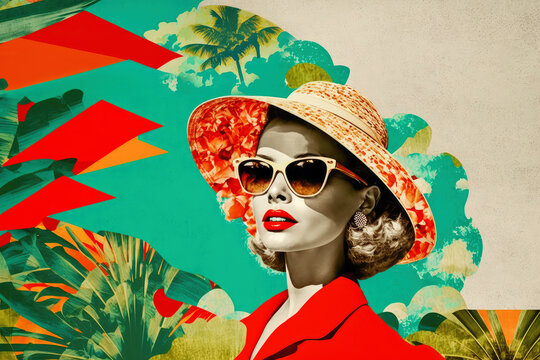 Young fashion woman with red lipps wearing 60s retro style clothes. Summer travel themes. Generative AI
