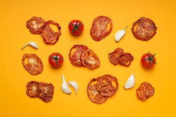 Concept of tasty food - sun-dried tomato, top view