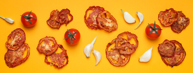 Concept of tasty food - sun-dried tomato, top view
