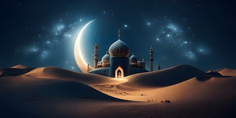 A desert scene with a mosque and the moon