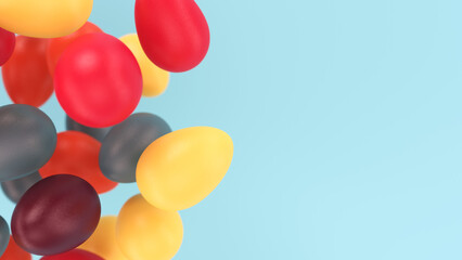 Bunch of colorful easter eggs levitate on uniform background with shallow depth of field. 3d render illustration
