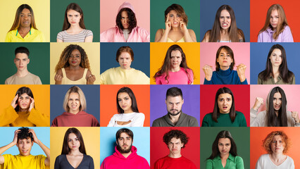 Fototapeta na wymiar Human emotions. Collage of ethnically diverse people, men and women expressing different emotions over multicolored background. Team, job fair, ad concept