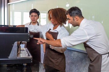 Group young entrepreneurs learning in classes barrister small business and teacher chief advice