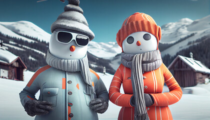 Snowman on snow. Happy couple at winter. Family