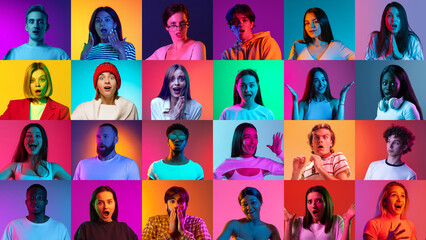 Plakat Emotions and facial expressions. Collage of ethnically diverse people expressing different emotions over multicolored background in neon light.