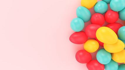 Bunch of colorful easter eggs on uniform background with shallow depth of field. 3d render illustration