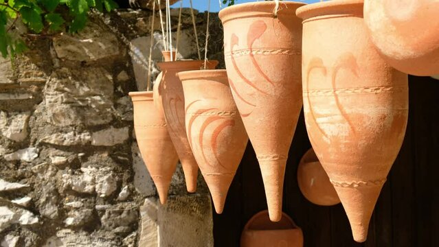 Different pottery at the entrance to the local workshop in village of Margarites. Crete