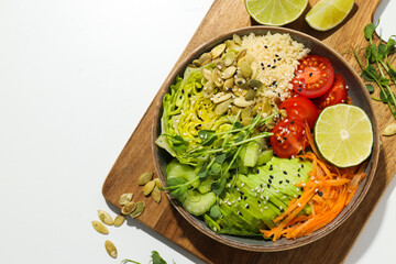 Bowl with tasty and nutritious food, space for text