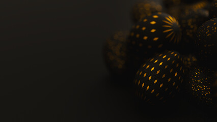 Bunch of black easter eggs with golden ornament on dark background. 3d render illustration