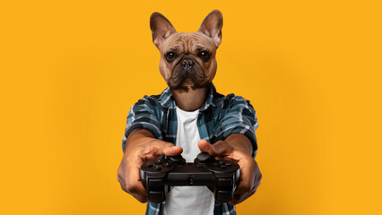 Excited Black Guy With Dog Head Playing Videogame Holding Joystick